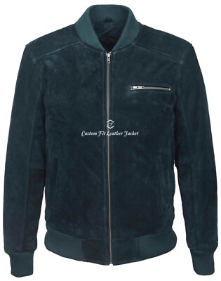 Mens Leather Suede Jacket Navy Blue Bomber Style Soft 100% REAL LEATHER 275