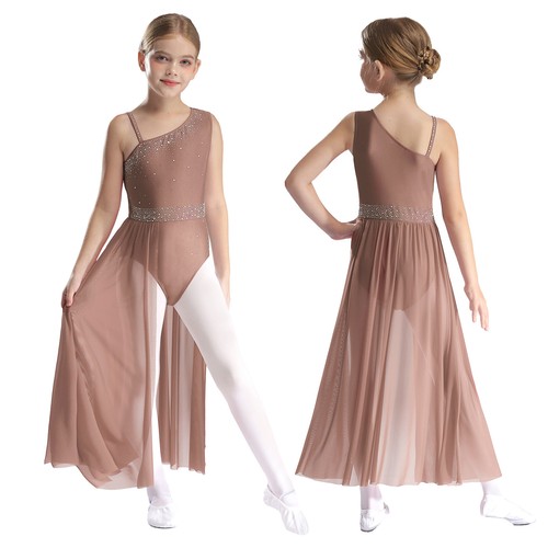 Kids Girls Dresses Competition Dancewear Ballerina Skirted Sheer Costume Latin - Picture 35 of 120