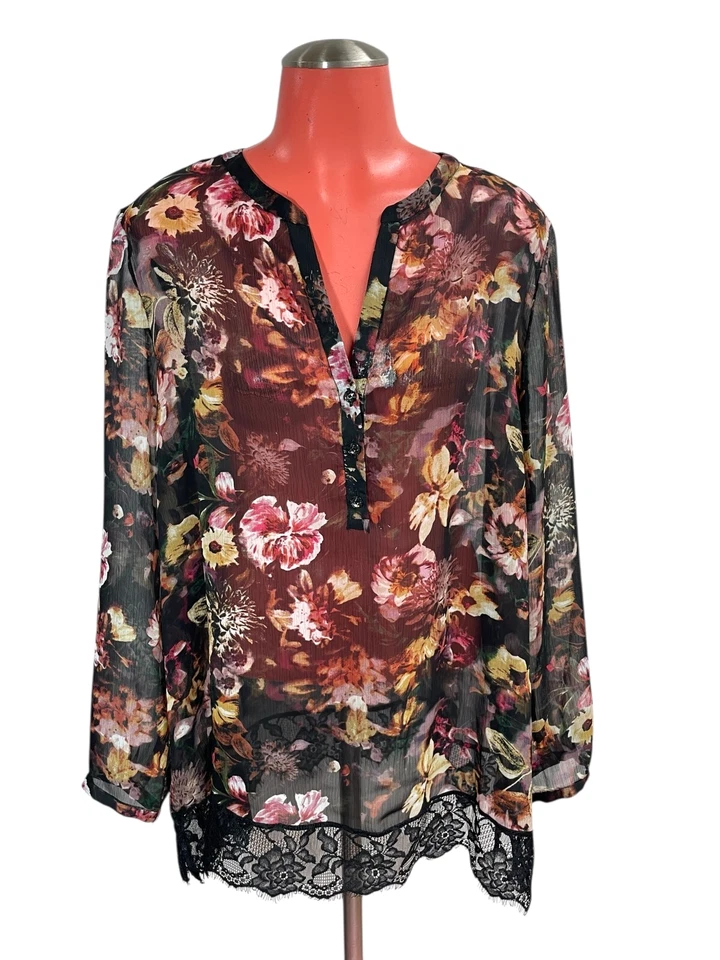 Blusa túnica SUSAN GRAVER estampado floral negra chifón dobladillo de encaje M Boho
