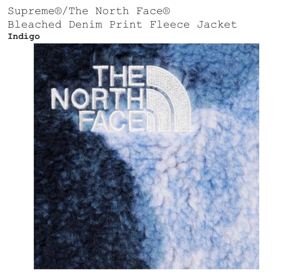 Supreme® x The North Face® Bleached Denim Print Indigo Fleece Jacket Sz M  FW