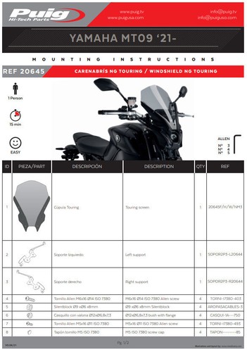 Pantalla Touring Puig Deflector Transparente Yamaha MT-09 Y SP 2021 - 2023 - Imagen 8 de 9