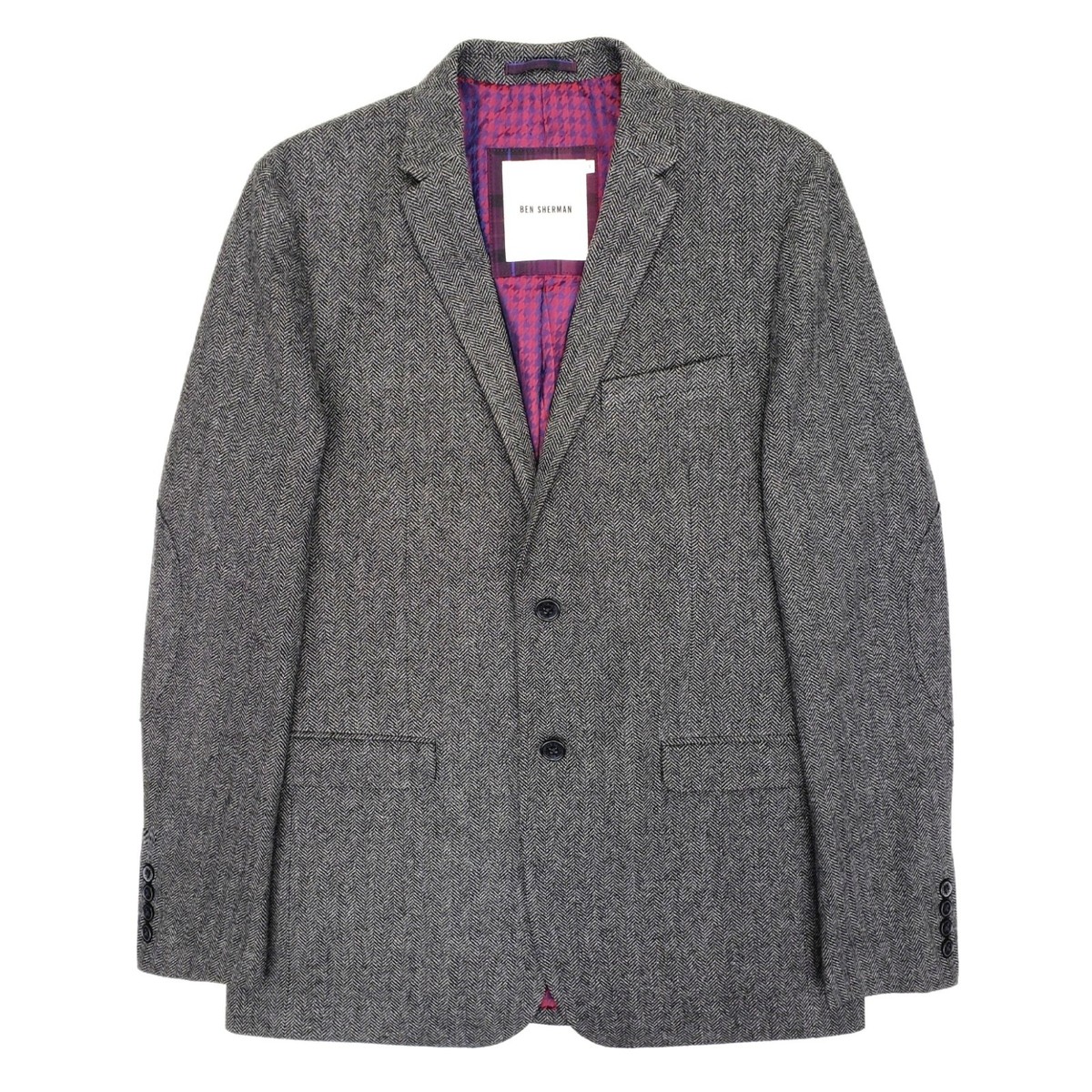 BEN SHERMAN Tweed Wool Herringbone Blazer Sport Coat Jacket Elbow Patch Gray L M