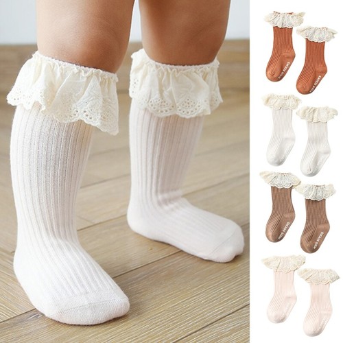 Infant Baby Girls Knee High Socks Ruffled Lace Ribbed Non-Skid Cotton Stockings - Picture 7 of 16