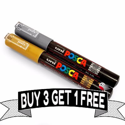 Silver Gold Uniball Posca PC-1M Paint Art Marker Pens Set of 3 White