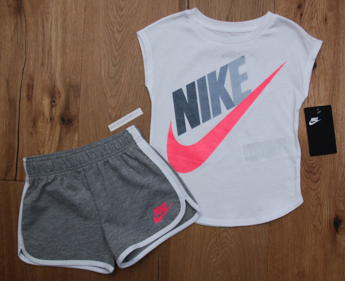 Nike Baby Girl Shirt & Shorts Set ~ White, Gray & Neon Pink ~