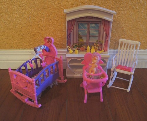FancyLife DOLLHOUSE FURNITURE New BABY Home w/Shelf Stand+Hi Chair+Rocking Crib  - Picture 2 of 11