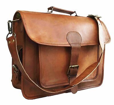 New Men Real Goat Leather Vintage Brown Messenger Shoulder Laptop Bag Briefcase