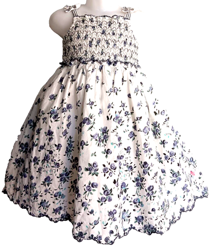 Cutey Couture Boutique Sundress 4-5 yr blue floral smocked, scallop hem, lined