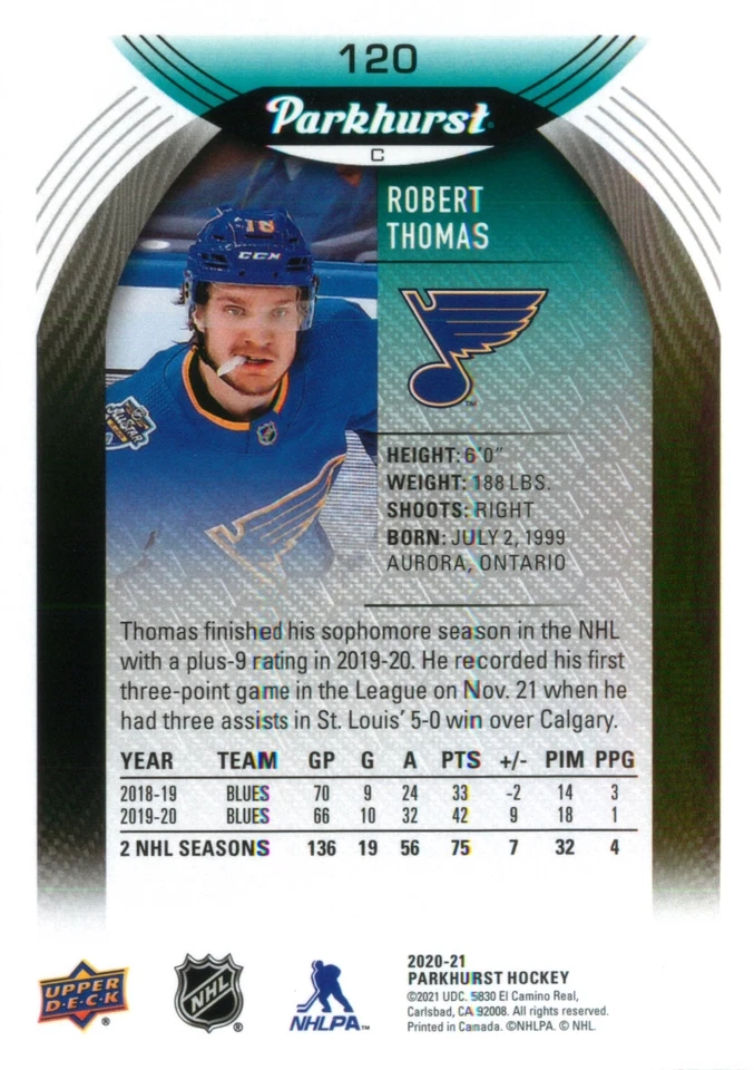 Robert Thomas 2020-21 Upper Deck Parkhurst Hockey Base Card #120 St. Louis Blues - Image 2 of 2