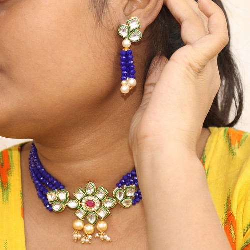 Kundan Choker Collana Vetro Placcato Oro Cristallo Set Gioielli Sposa Per Donna - Foto 19 di 43