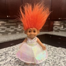 Troll Russ 8" Orange Hair Bride White Iridescent Dress Necklace Prom Brown Eyes