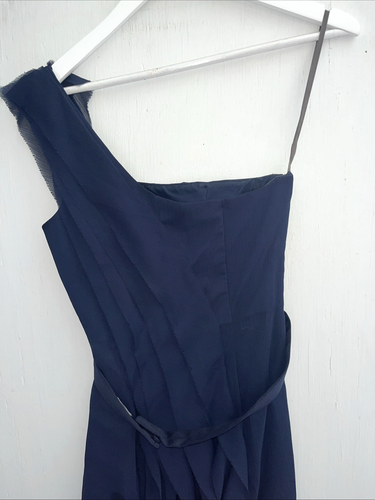 WHITE by VERA WANG Navy One Shoulder Ruffle Trail Maxi Dress Slit Front Size 8 - Picture 8 of 10