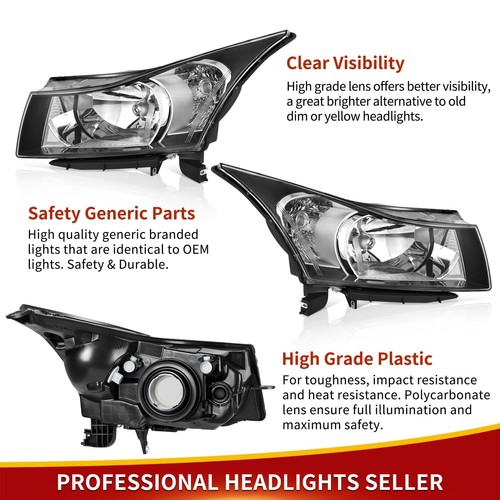 Headlights Assembly For 2011-2015 Chevy Cruze Chrome Housing Headlamps LH+RH - Picture 6 of 12