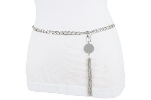 Damen Mode Schmal Silber Metallkette Gürtel Hüfte Taille Quasten Kreis Eu M L XL - Picture 5 of 12