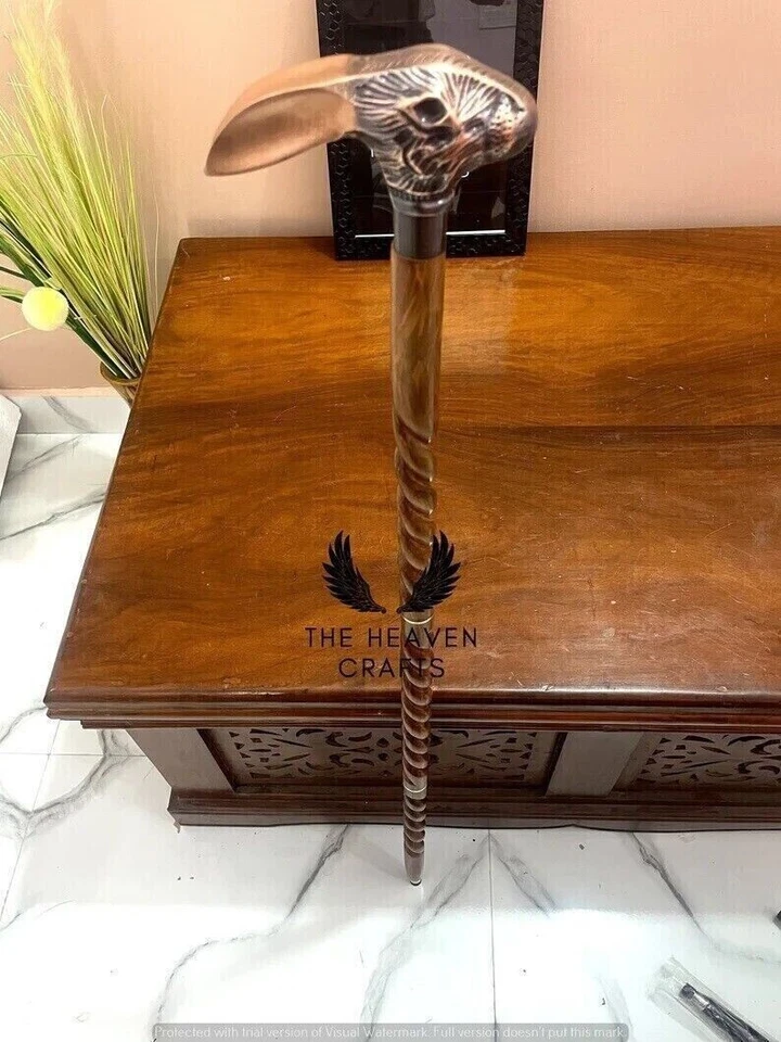 Bastón Antiguo Cobre Cabeza de Conejo Mango Vintage Diseñador Madera Nuevo Foto 4 de 4