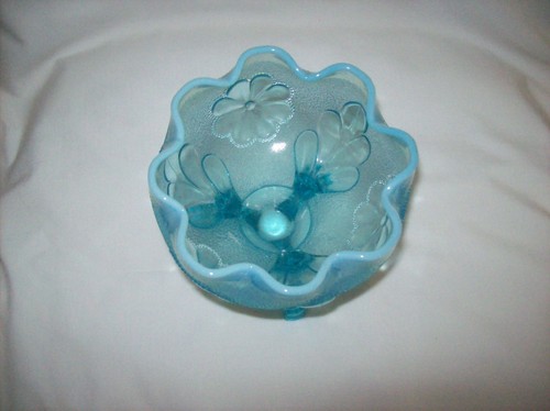 Antike Dugan Glas Gänseblümchen und Feder blau opalisierende Rose Schale mit Fuß - Bild 2 von 9