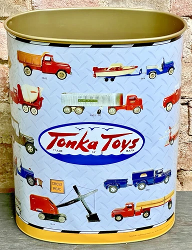 Vintage 1997 Tonka Toys Trucks Tin Litho Metal Oval Trash Can 13" Waste Basket