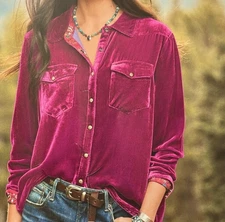 Sundance Womens Cassidy Velvet Pearl Snap Shirt 2XL Purple Rayon/Silk Blend