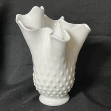 Authentic Fenton Handmade Hobnail Milk Glass Handkerchief Vase