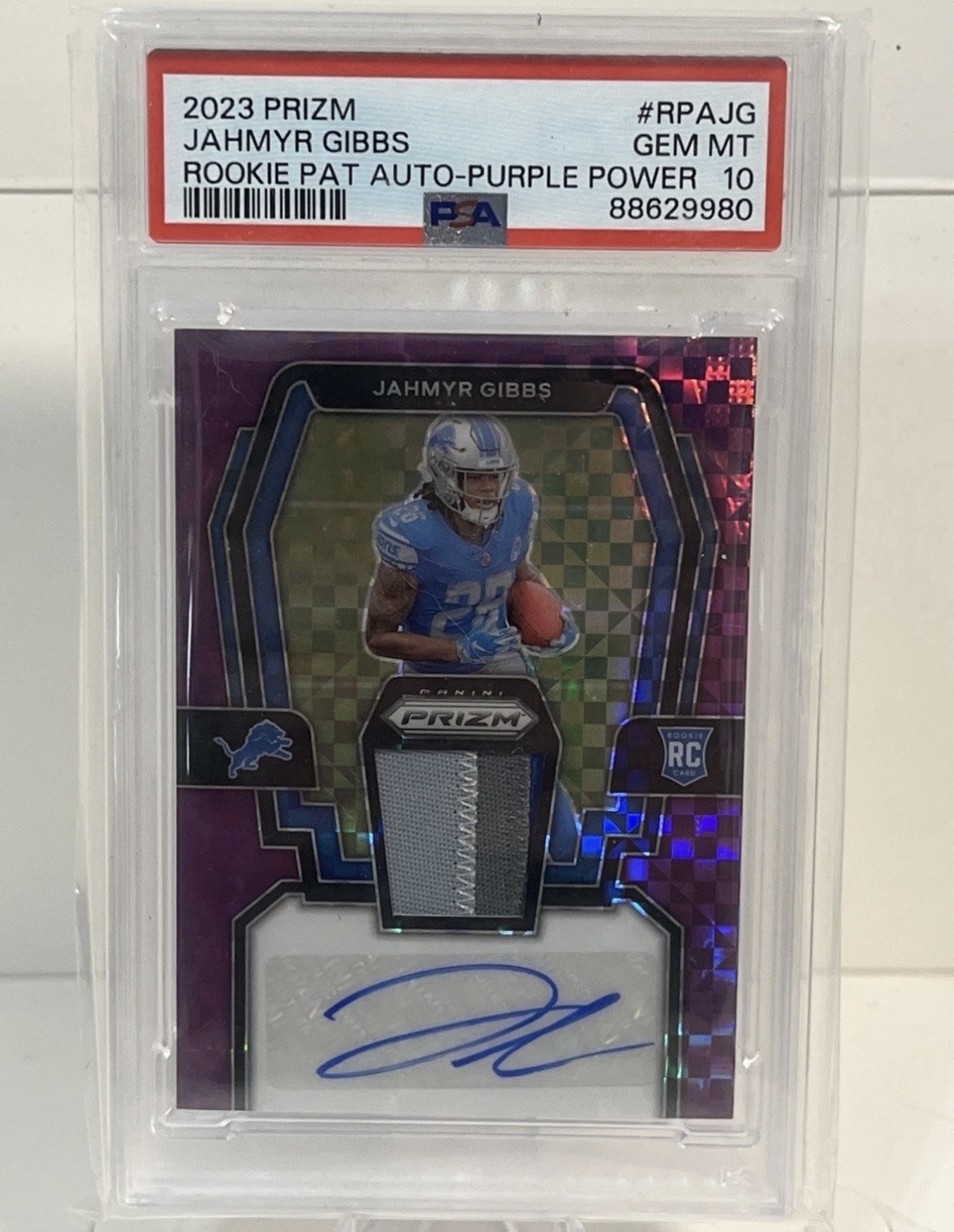 Jahmyr Gibbs Panini Prizm Rookie Patch Autographs #RPAJG Purple Power