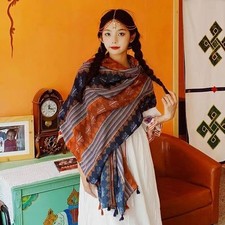 Ethnic Cotton Linen Scarf Shawl Long Wrap Lightweight Cover for Travel Sun Beach