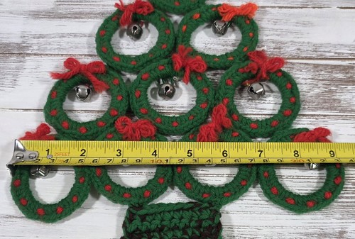 Vintage Hand Crocheted Christmas Tree Shaped w/Bells Wall Hanging Holiday Decor - Picture 5 of 5
