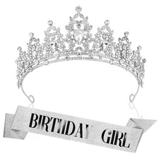 Birthday Crown Headband with Sash for Women Crystal Tiara for Women Birthday Par