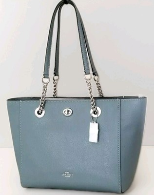 Coach 57107 Pebble Leather Turnlock Chain Tote 27 Peony