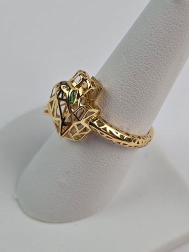 18k Yellow Gold Open Work Green eyes Panther Head Ring Size 7.5 Weighs 2.6g - Picture 5 of 11