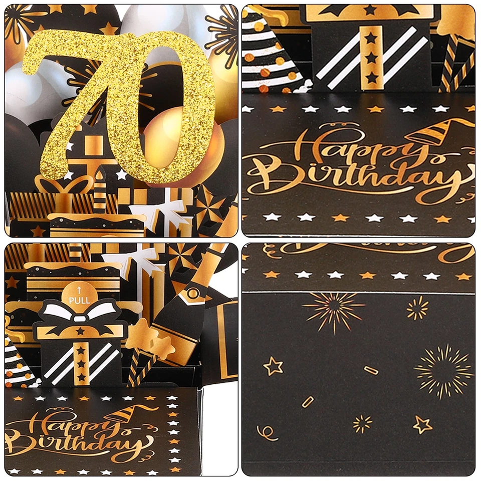 70th Birthday Card,Pop-Out Happy Birthday Card Greeting Card Envelope,Black Gold - Image 4 of 4