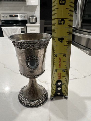 Tazza Kiddush Vintage Zadok Argento Sterling 925 Filigrana Giudaica 3 Eilat Stone 57g - Foto 6 di 9