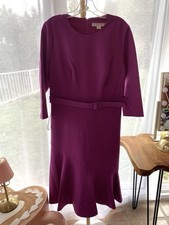 Kay Unger Purple Knit Midi Dress Belted Fit & Flare Crew Neck