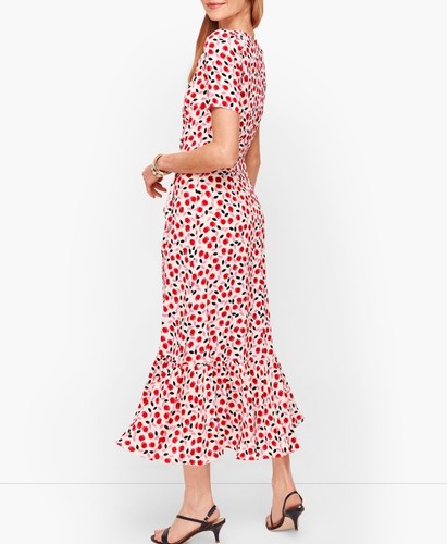 Talbots Womens Pink Red Floral Cascade Faux Wrap Ruffle Midi Dress Size 4 - Picture 2 of 17