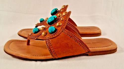 Miu Miu Sandals Thong Calzature Donna Turquoise Buffalo Stone Tan EU 36, U.S. 6 - Picture 6 of 13