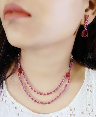 Designer Red Rose Ruby Stone Studed Double String Necklace  Earrings For Woman