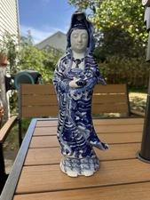 Japanese Kutani Porcelain Blue And White Guan Yin Figurine 14"H