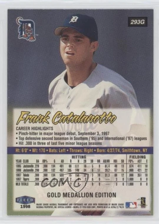 1998 Ultra Gold Medallion Edition Frank Catalanotto #293G Rookie RC - Image 2 of 2