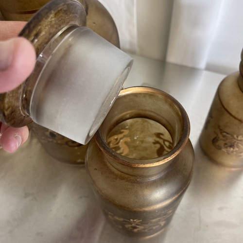 French Antique Apothecary Glass Jars + Lids Set Of 4 Hand Painted Gold Design - Picture 10 of 22