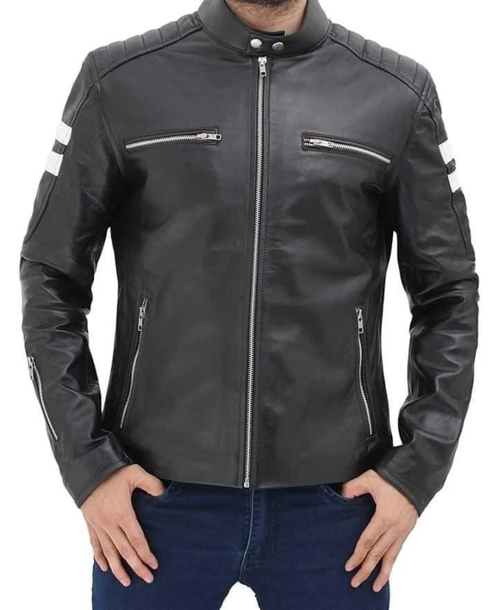 Men's Black Leather Moto Jacket with White Stripes | Motorcycle Outerwear Jacket - Image 4 of 4