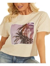 GUESS Womens Beige Cotton Short Length Short Sleeve Crew Neck T-Shirt XS