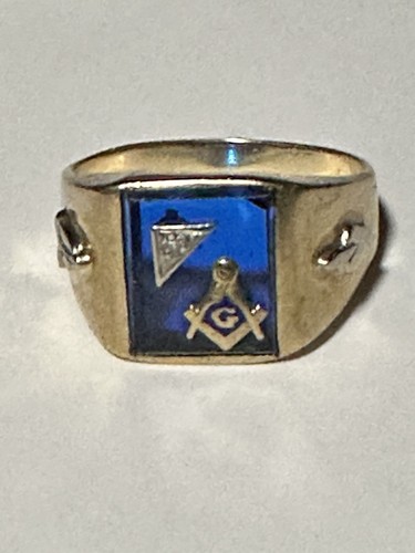 Vintage 40’s Freemason Blue Signet 14k Gold Ring With Diamond Size 11.5