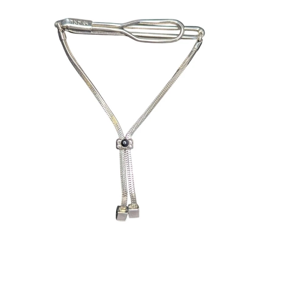 Vintage Swank Silver bolo style slide chain tie bar clip with black stone - Image 4 of 4