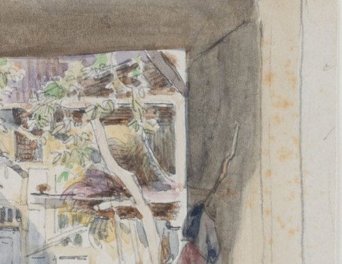 Blick aus einer Scheune, Aquarell Romantik Landschaft Unbekannt (19.Jhd) - Picture 3 of 5