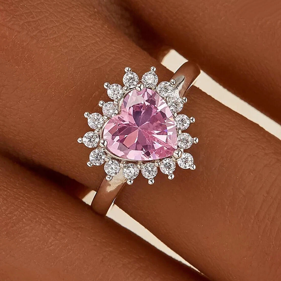 2CT Heart Cut Lab Created  Pink Sapphire Diamond Halo Ring 14K White Gold Finish