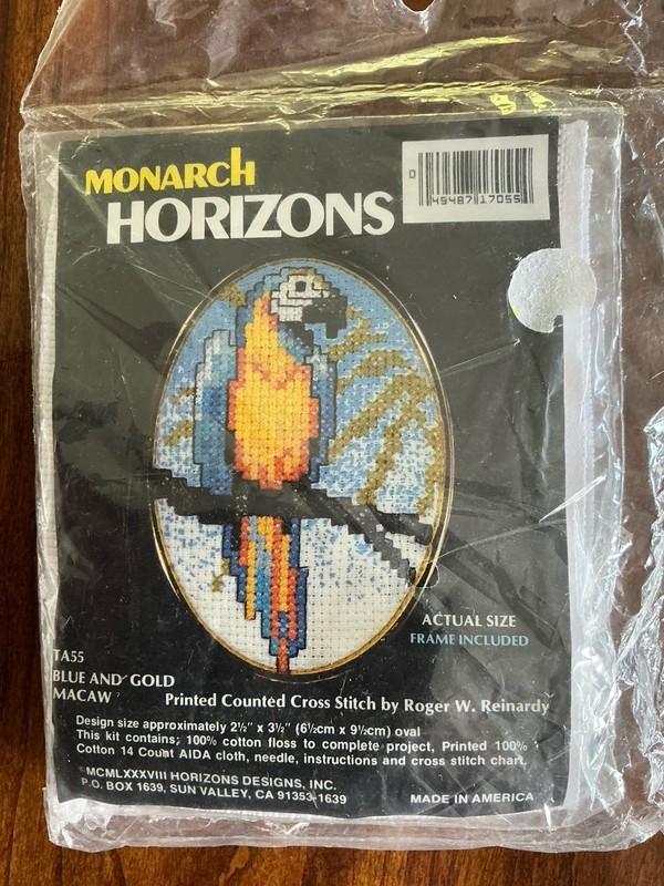 Two Monarch Horizon Cross Stitch Kits W/Frames BLUE & GOLD MACAW, RED MACAW