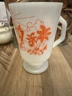 Vintage Fire King Florida Pedestal Mug White Milk Glass Orange Graphics