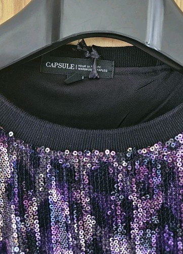 CAPSULE COLLECTION SILVER & PURPLE PRINT SEQUIN EVENING TOP SIZE 14. - Picture 5 of 5