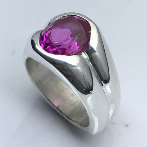 ANELLO UOMO MJG ARGENTO STERLING. 12x10 mm ZAFFIRO ROSA OVALE CREATO IN LABORATORIO. Taglia 9. - Foto 2 di 7