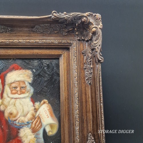 Vintage Weihnachtsmann Ölgemälde 17 x 14 in signiert Engel wunderschöner Holzrahmen Kunst - Bild 3 von 18