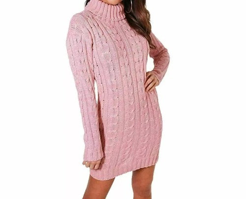 New Polo Neck Sleeve Warm Sweater Jumper Dress Ladies Chunky Cable Knitted UK - Picture 6 of 10